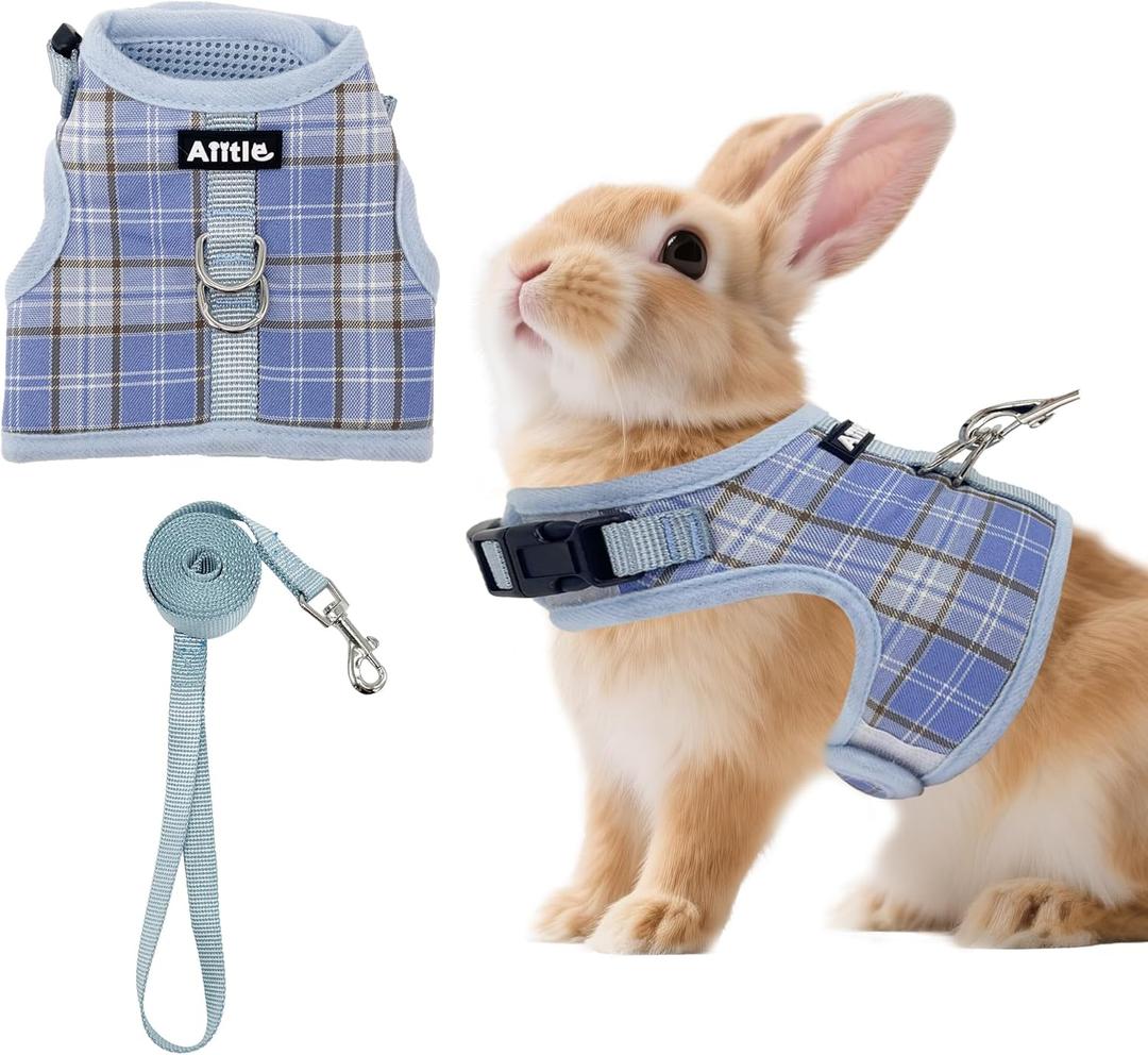 AIITLE Breathable Rabbit Harness and Leash Set - Plaid Pattern Padded Vest with Magic Tape Design, Dual D-Rings, Adjustable for Small Animal Pets, Indoor Outdoor Training Camping, Blue M