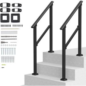 VEVOR Handrails for Outdoor Steps, 2 PCS 2 Step Stair Hand Rail Kit, Transitional Carbon Steel Railings with Installation Kit, Stair Rails for Seniors, Concrete & Porch & Deck, Black Square Tube