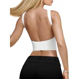 REORIA Women's Sexy Open Back High Neck Sleeveless Tank Top Y2k Trendy Backless Crop Tops (White, X-Small)