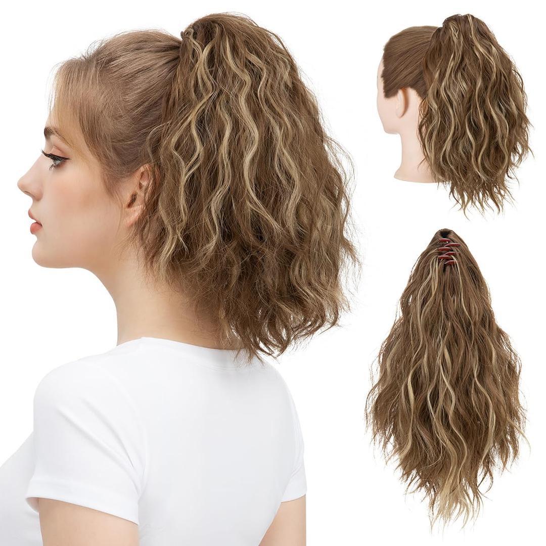 SARLA Short Ponytail Extension Claw Clip in 13 Inch Fluffy Synthetic Curly Wavy Pony Tail Hairpiece for Women Brunette/Ash Blonde