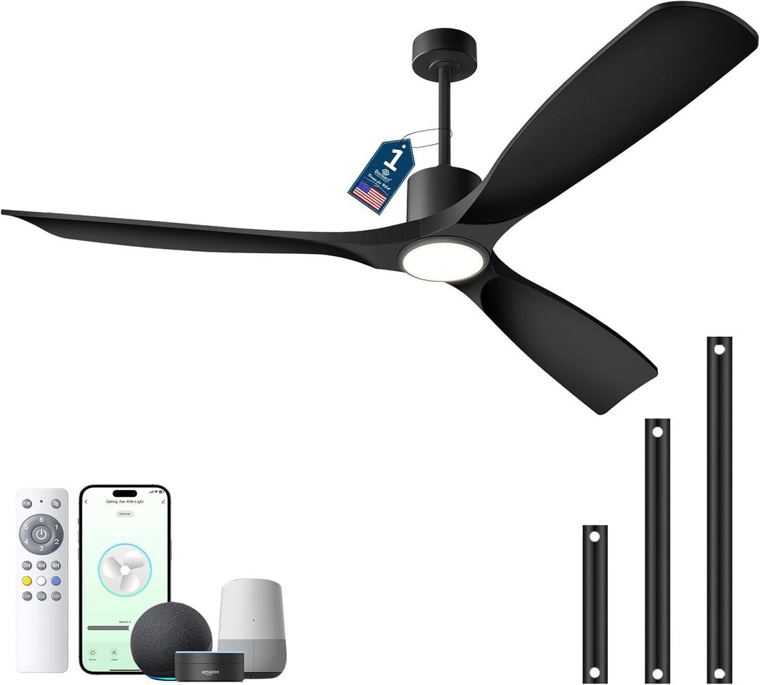 60" Smart Ceiling Fan with Lights,Outdoor Ceiling Fan 3 Blade,Compatible with Alexa/Gg/App/Remote,3-Color Light 6-Speed Quiet Reversible DC Motor for Patio,Black