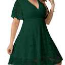 SCOMCHIC Women Plus Size Lace Cocktail Dresses Faux Wrap V Neck Short Sleeve Flowy A Line Wedding Guest Midi Dress Emerald Green (Green)