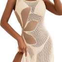 Dokotoo Women's Summer Swimsuit 2026 Cover up Crochet Beach Floral Hollow Out Slit Bikini Sleeveless Cover up Dresses (Beige, M)