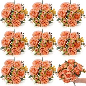 Yuxung 8 Pack Artificial Peony Silk Flowers Fake Peonies Vintage Wedding Bouquets Faux Flowers for Bride Wedding Home Birthday Arrangement Table Decoration (Orange)