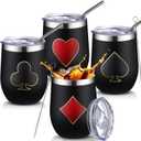 4 Pcs Casino Party Cups Pokers Glasses Stainless Steel Wine Tumblers with Lid and Straw 12 oz Casino Theme Party Decorations Poker Gifts Favors Set for Christmas Birthday Night(Poker) (Black)