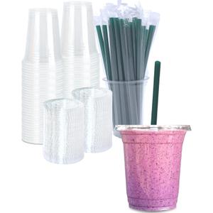 12 oz Clear Plastic Cups with Lids and STRAWS, Disposable Drinking Cups for Cold Drinks, Iced Coffee, Milkshakes, Smoothies, 25 Sets