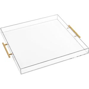 Extra Large Clear Acrylic Serving Tray (1818 Inches) with Gold Handles Spill Proof Acrylic Over Size Big Decorative Tray Organiser for Ottoman Coffee Table Countertop (18x18 Inches)