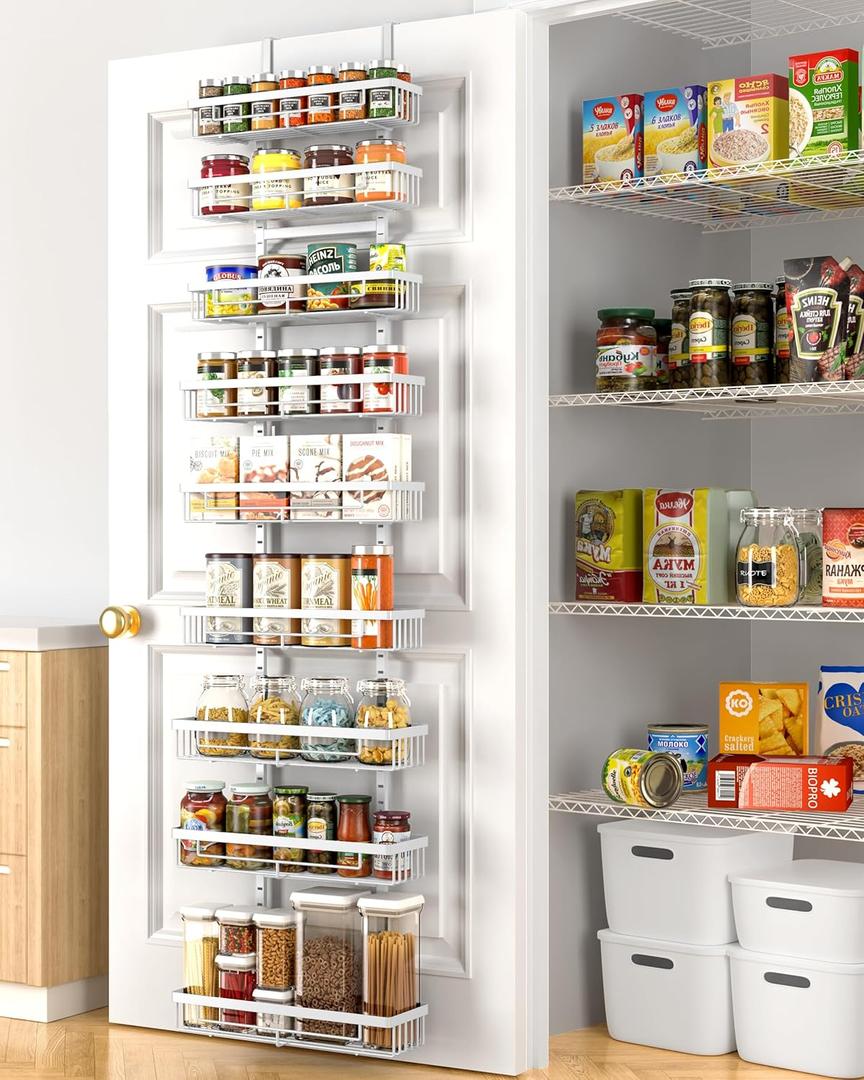 Moforoco White 9-Tier Over The Door Pantry Organizer, Pantry Organization and Storage, Black Hanging Basket Wall Spice Rack Seasoning Shelves, Home Bedroom Storage