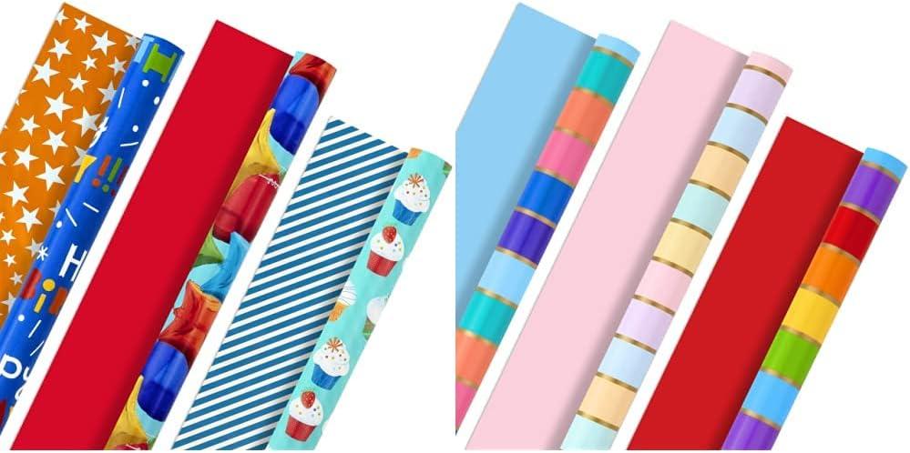 Hallmark All Occasion Reversible Wrapping Paper Bundle - Kids Birthday and Rainbow Stripes (6 Rolls - 150 sq. ft. ttl)