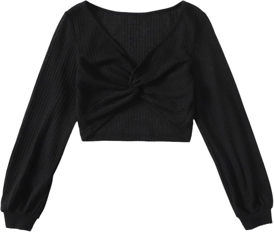 Floerns Women's Twist Front V Neck Cropped T Shirt Long Sleeve Casual Waffle Knit Tops (Small, Black)
