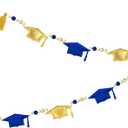 Blue Gold Graduation Decorations Pre-Strung Handmade Metallic Fabric Felt Grad Cap Banner Wool Felt Ball Wooden Beads Grad Hat Garland for Graduation 2026 Party Supplies Home Fireplace Mantle Decor