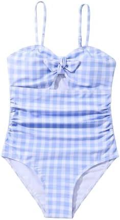 Floerns Girl's Gingham Print Ruched Cut Out Knot Front One Piece Swimsuit 9Y