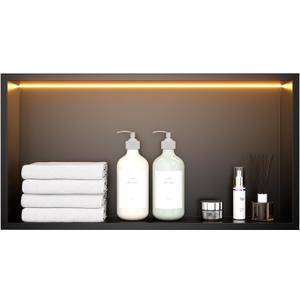 Stainless Steel 12"x24" LED Lights Shower Niche - No Tile Needed Recessed Wall Niche Waterproof for Walk in Shower Bathroom Storage, Matte Black, W24" X H12"