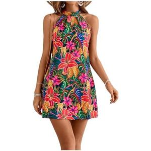 Floerns Women's Sleeveless Floral Print Sundress Halter Neck A Line Short Dress