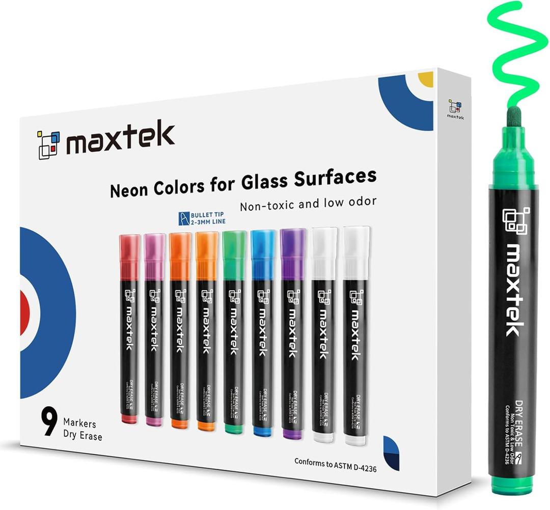  maxtek Neon Dry Erase Markers for Glass, Window Markers for Dry Erase Board, Chalkboard, LED Note Board, Acrylic Refrigerator Calendar, Bullet Tip, Low Odor, Assorted Colors,9 Count
