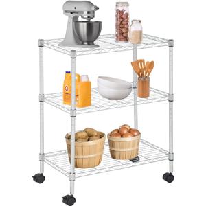 FDW 3 Tier Wire Shelving Metal Storage Shelves 23L x 13W x 32H Layer Storage Shelves with Wheels for Kitchen Garage Small Places,Chrome, 231332
