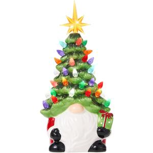 Gnomes Ceramic Christmas Tree 12inch Hand Painted Pre-Lit Gnomes Ceramic with 46 Multicolored Lights for Fireplace Bedroom Night Table Valentine's Day Gift St. Patrick's Day Decoration