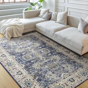 5x7 Washable Area Rug, Low Pile Boho Rugs for Living Room, Multi-Blue Floral Rug for Bedroom Kids Room Dining Room Office, Non-Slip Stain Resistant Printed Vintage Carpet