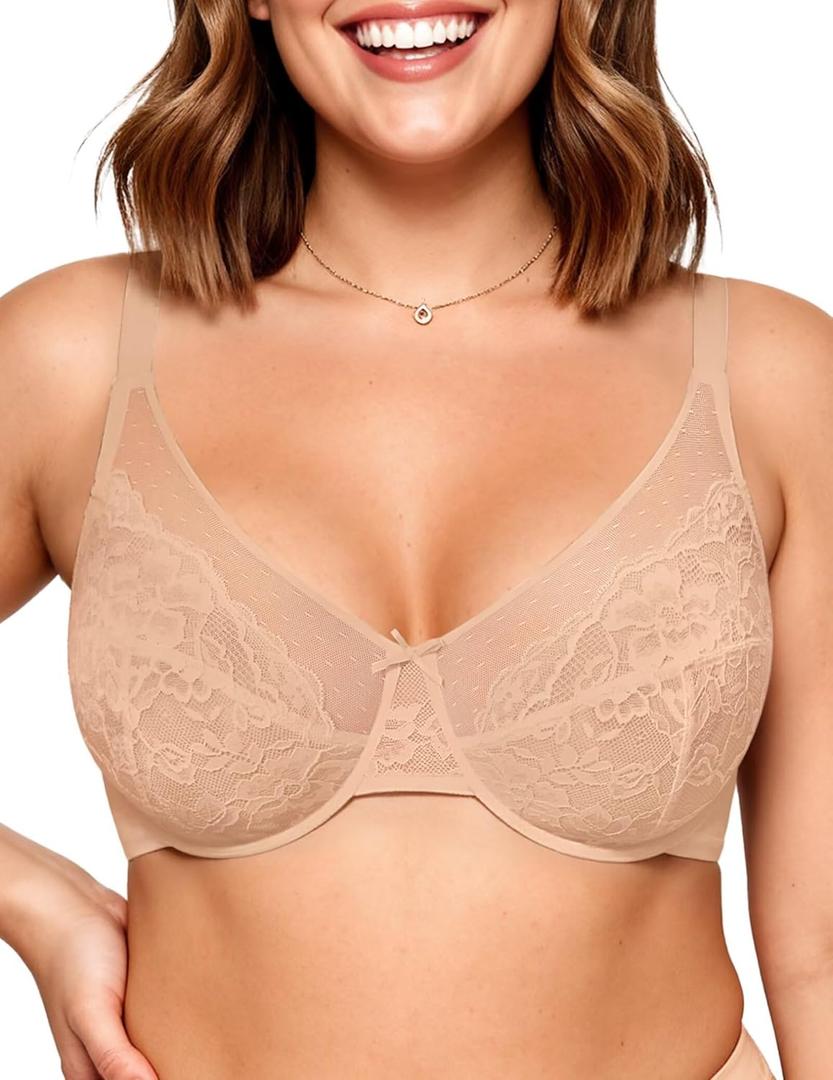 Vertvie Minimizer Bras for Women Full Coverage Underwire Supportive Bra Plus Size Lift Unlined Lace Bralette for Large Bust (40D, Nude)