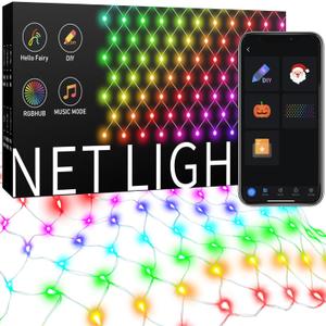 4ft x 18ft Smart Christmas Net Lights Outdoor Mesh Lights, 300 LEDs Bluetooth App Programmable, 105+ Scene Modes, Music Sync, IP44 Waterproof, Timer, RGB Bush Light for Tree Fence Holiday Decorations
