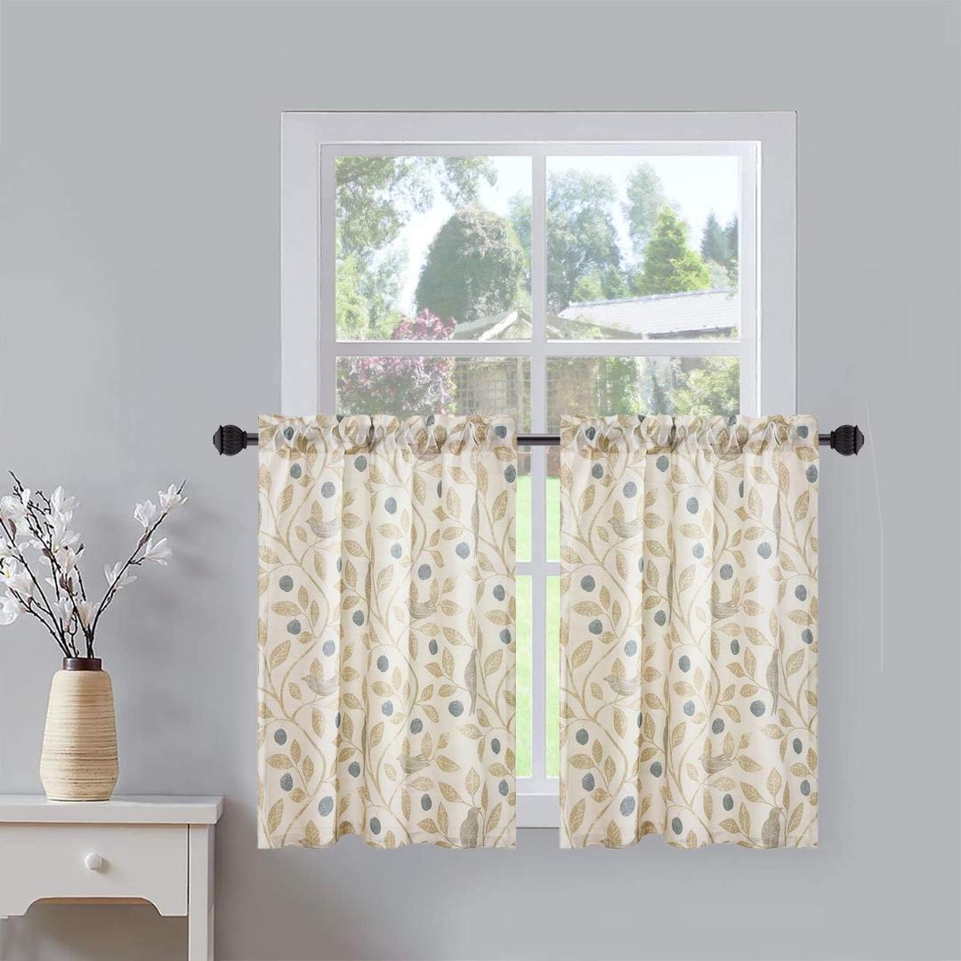VOGOL Tier Curtains Linen Textured 36 Inches Long Curtains for Kitchen Small Cafe, Birds and Leaf Print Valances Top Pocket Window Drapes for Farmhouse, 2 Panels, 30x36