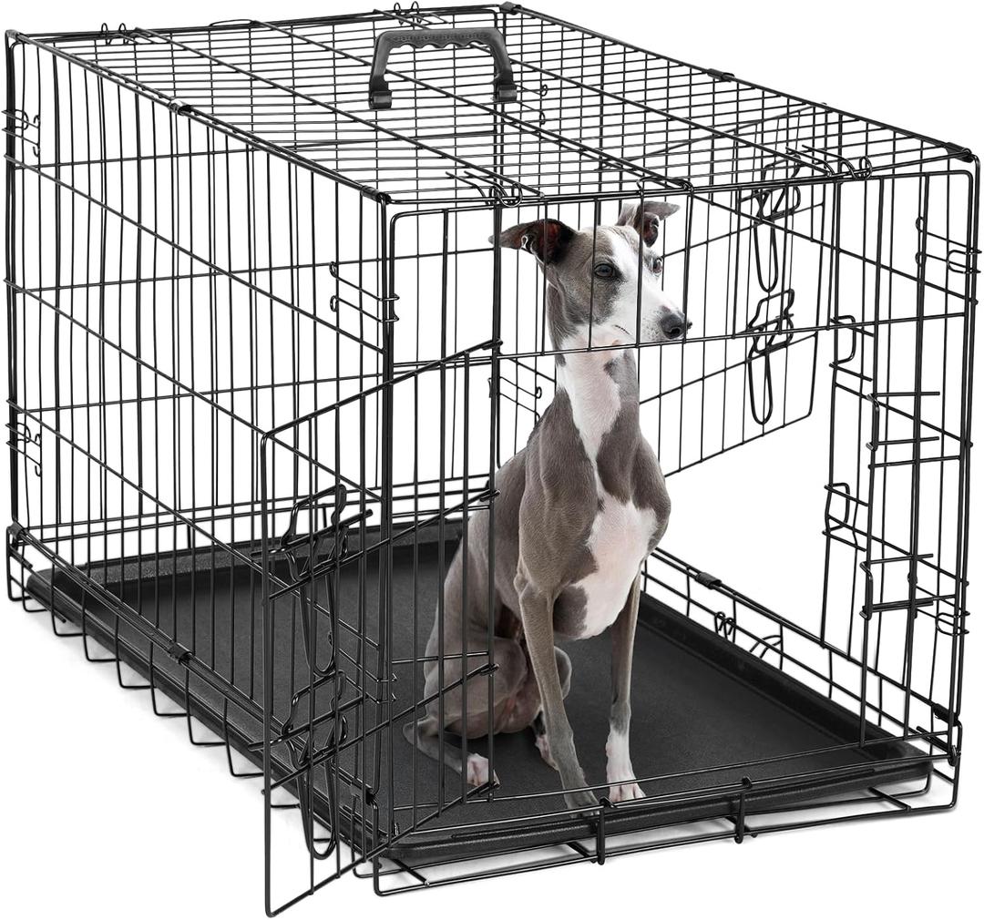DUMOS Dog Crate, 36 Inch Medium Double Door Dog Cage with Plastic Leak-Proof Pan Tray, Folding Metal Wire Pet Kennel for Indoor, Outdoor, Travel (36.61"L x 22.64"W x 24.21"H)