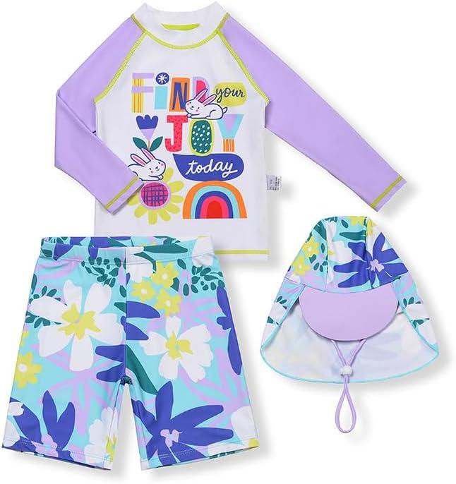 Girls Rash Guard Swimsuit Sets Rabbit Floral Print 3 Pieces Long Sleeve Summer Beach Swimwear 150
