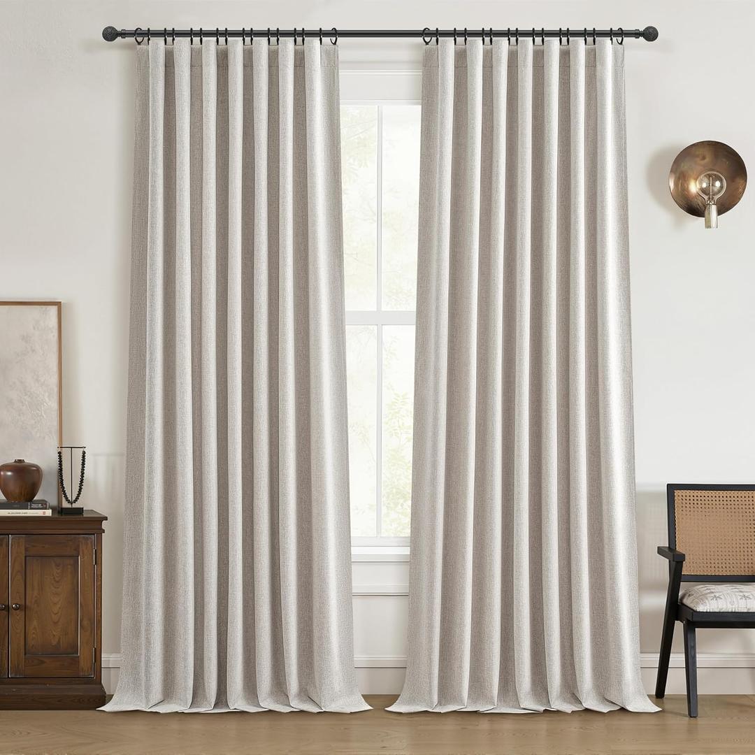 Natural Linen 86 Inch 100% Blackout Curtains for Bedroom, Pleated Heading Tape Ring Clips Back Tab Thermal Custom Made Window Curtains Living Room Modern Farmhouse (100 Wide Total, Each W50"x2Pcs)