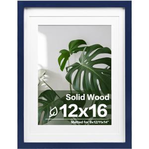 Egofine 12x16 Picture Frame Made of Solid Wood, Display Covered by Plexiglass, Display Pictures 9x12/11x14 with Mat or 12x16 Without Mat for Wall Mounting, Navy Blue