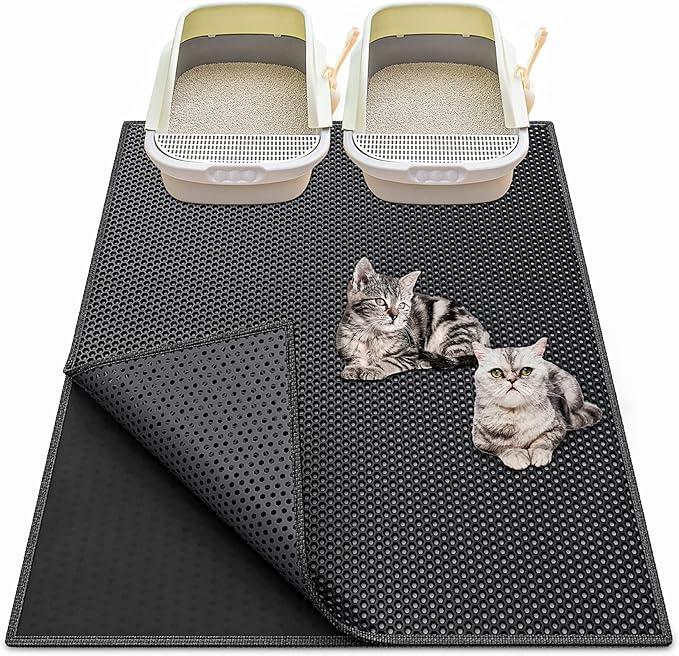 Waretary Cat Litter Box Mat: 36"x 30" Waterproof Kitty Cat Litter Trapping Mat, Easy-clean Double-layer Scatter Control Pad Rug (Black)