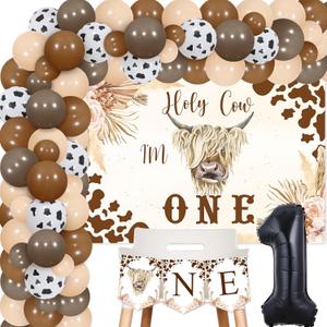 JOYMEMO Brown Highland Cow 1st Birthday Decorations Boy Girl, Holy Cow I'M One Birthday Decor - Balloons Garland Arch Kit with Cowboy One Highchair Banner, Highland Cattle Farm Theme Party Supplies