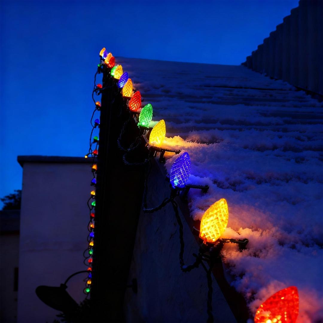 33 Ft LED Outdoor Christmas Lights,50 C9 Lights String with Quick Clips,for Xmas House Roof Gutter,Plug in & Connectable,Multicolor