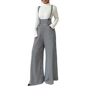 Milumia Women's Houndstooth Print Overalls Jumpsuit Casual Sleeveless Wide Leg Pants Romper Black Small