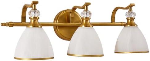 ANDY STAR Brushed Gold Bathroom Vanity Light 3-Light, Vintage Bathroom Light Fixtures Over Mirror with Crystal Beads, Wall Sconce Lighting with Frosted Milky Glass Shade, E26 Base (Bulbs Not Included)