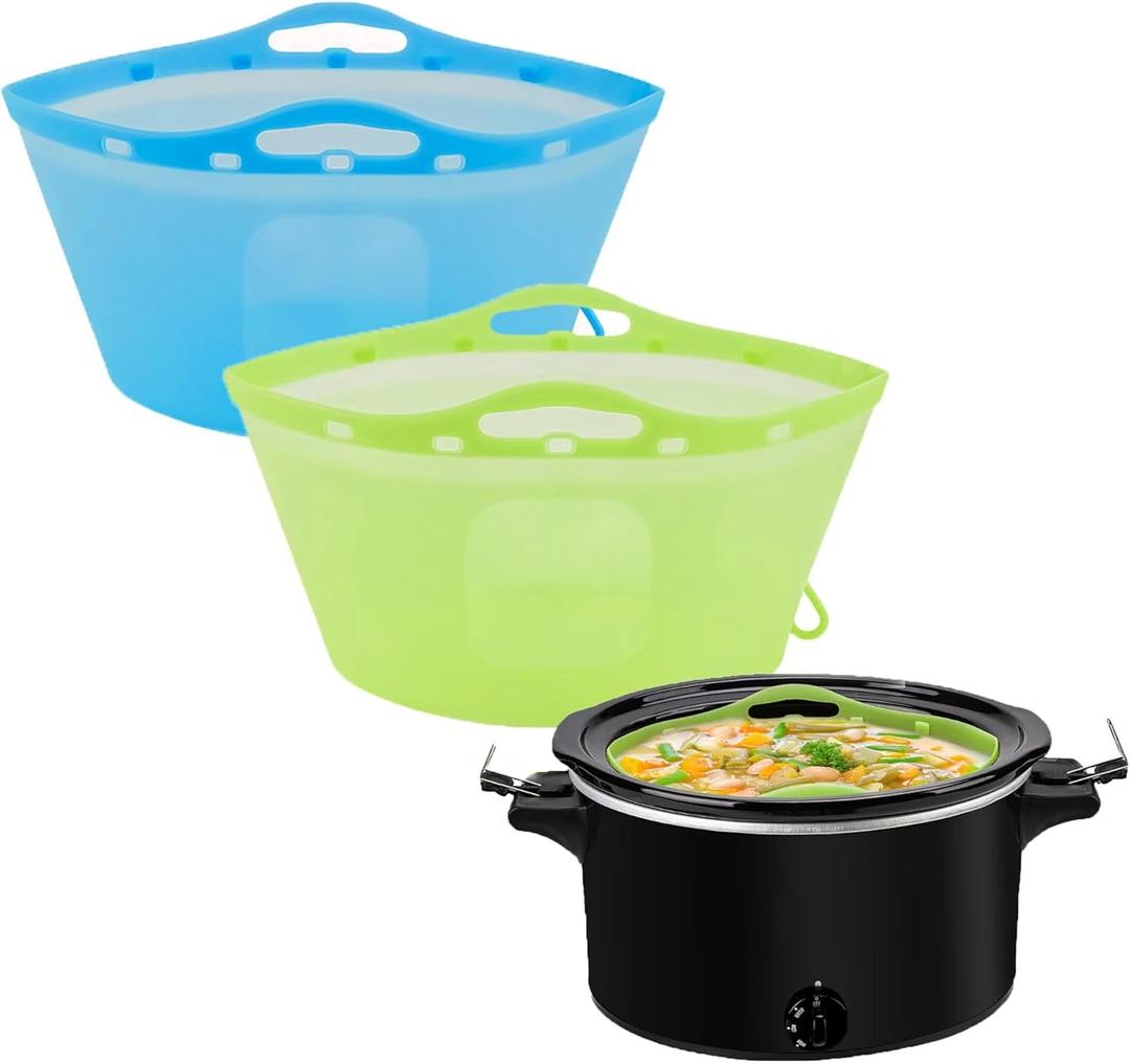 2pcs Silicone Slow Cooker Liners, Foldable Slow Cooker Liners for 6-7-8 Quarts, Reusable Crock-Pot Liners with Buttons and Hooks for Oval or Round Pot, Leakproof & Easy Clean, Green+Blue