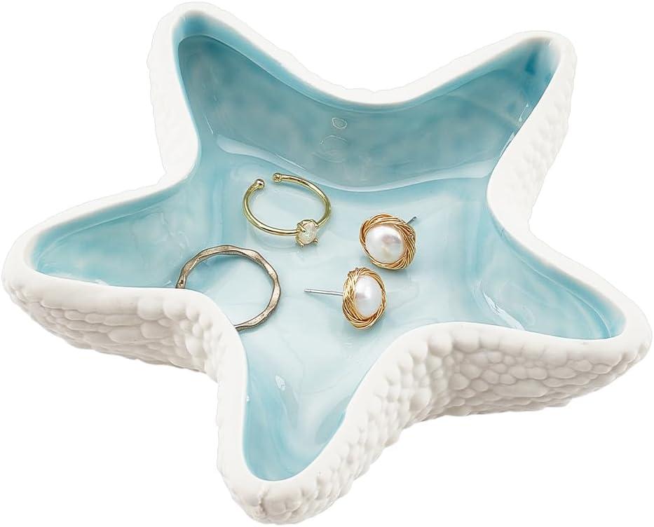 NBEADS Starfish Shape Ceramic Jewelry Tray, Aqua Shell Trinket Dish Ceramic Ring Earring Holder Ocean-themed Decorative Trinket Plate for Rings Earrings Necklaces Bracelet Jewelry Watch Keys (Blue&White-Starfish)