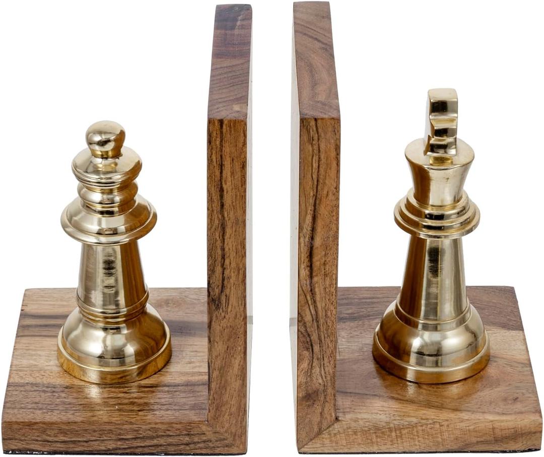 MyGift Decorative Chess Bookends Heavy Duty Mango Wood and Brass Tone Metal King and Queen Chess Pieces Design Bookend Shelf Decor - Handcrafted in India
