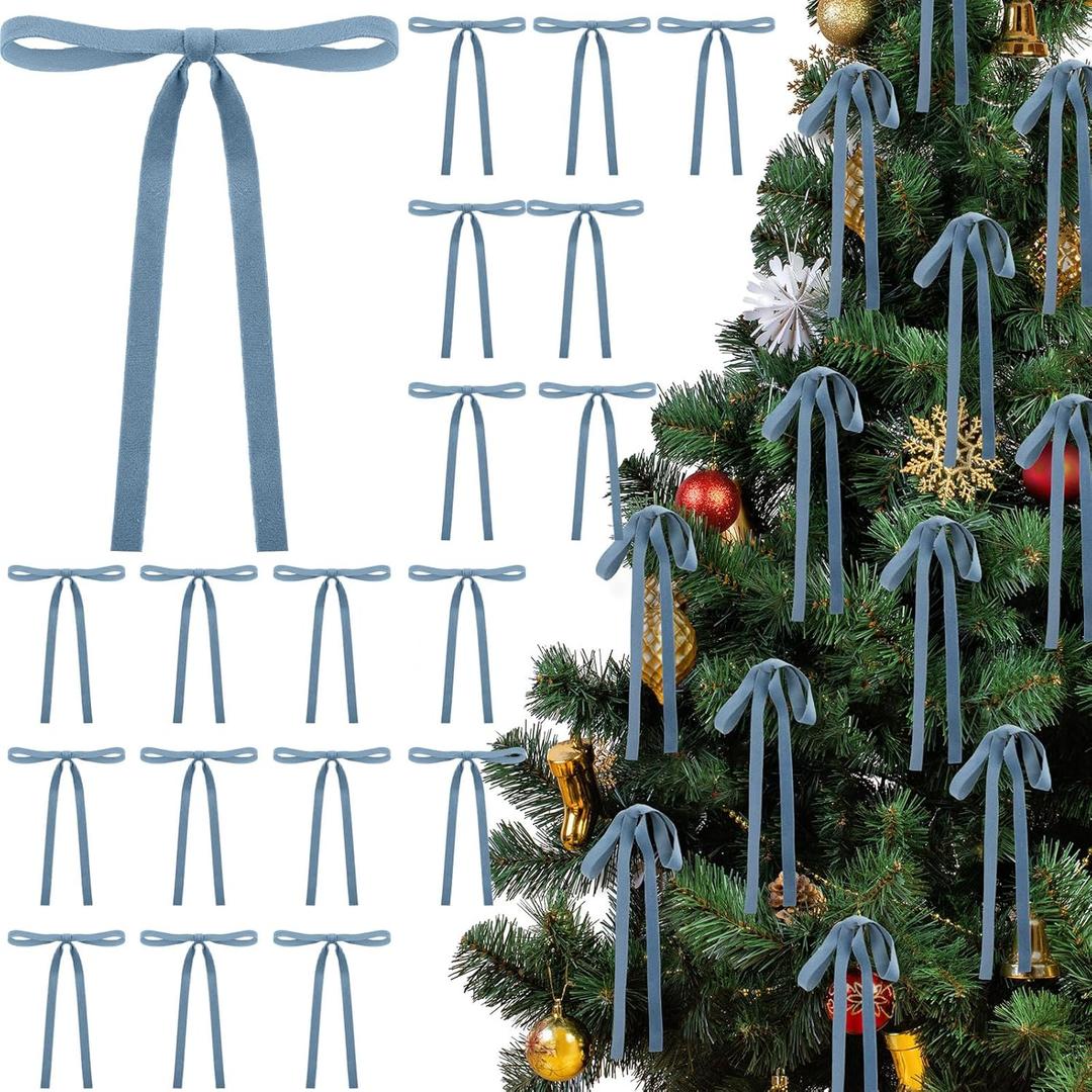 24 Pcs Velvet Bows Christmas Tree Ornaments Vintage Double Faced Velvet Ribbon Bows for Tree Garland Wreath Indoor Outdoor Xmas(5 x 7 Inch,Width of 3/8",Dusty Blue)