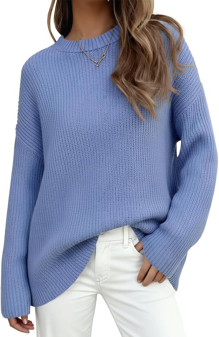 PRETTYGARDEN Womens Spring Sweaters 2026 Casual Chunky Crewneck Long Sleeve Ribbed Knit Oversized Pullover Sweater Tops (Blue, XL)