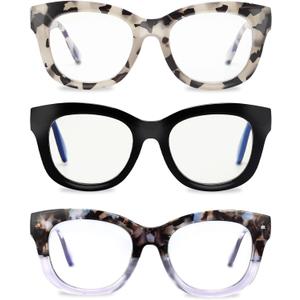 LADEESSE Readers for Women Fashion Style 3 Pack Square Reading Glasses with Spring Hinge Blue Light Blocking (2.50)