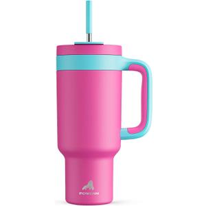 POWCAN 40 oz Tumbler with Handle, 2-in-1 Straw and Sip Lid, Leakproof, Dishwasher Safe, Insulated Stainless Steel Travel Coffee Mug, Keeps Cold for 34 Hours, Fits in Car Cup Holder (Petal)
