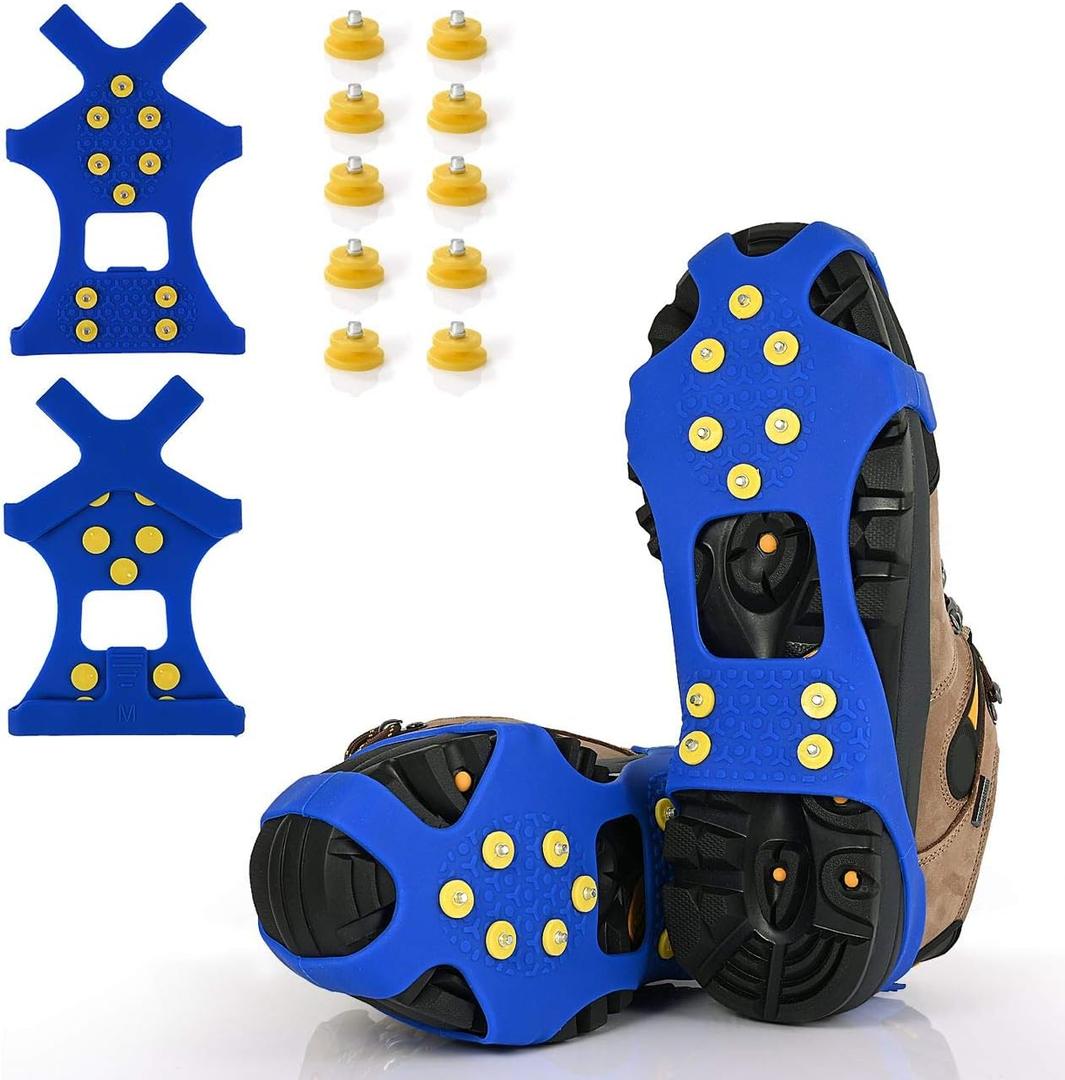 Ice Cleats, Ice Grips Traction Cleats Grippers Non-Slip Over Shoe/Boot Rubber Spikes Crampons with 10 Steel Studs Crampons + 10 Extra Replacement Studs (X-Large, Blue)