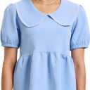 HOULENGS Women's Summer Puff Sleeve Peplum Babydoll Tops 2025 Peter Pan Collar Flowy Shirts Casual Ruffle Cute Blouse Top (Blue, L)