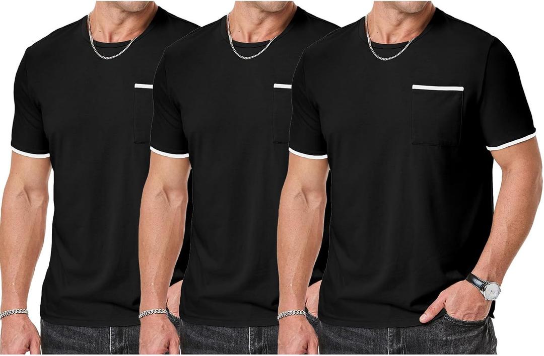 JMIERR Mens T-Shirt Cotton Crewneck Basic Tee Casual Short Sleeve Shirts Active Quick Dry 3 Pack Tops with Pocket (Small, Black/Black/Black)