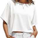 Fisoew Womens Oversized Crop Tops Summer Short Sleeve Crewneck T Shirts Casual Loose Basic Tee Workout Shirts, White, Large