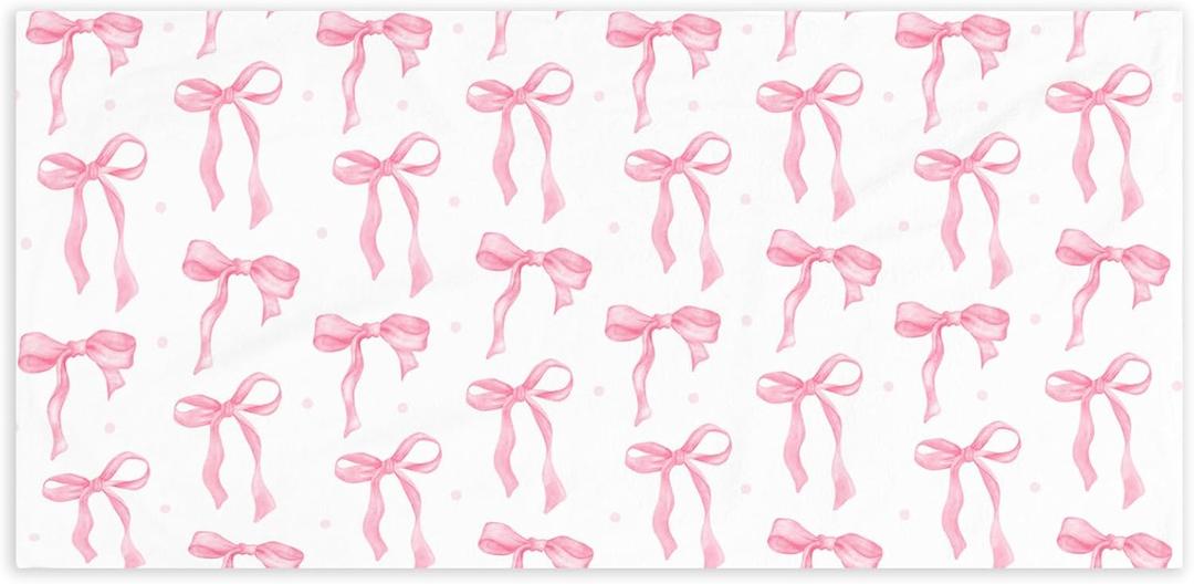 Coquette Preppy Pink Bow Beach Towel - Aesthetic Girly Preppy Ribbon Pool Towels Microfiber Absorb Water Travel Towels 60x30 Inches for Bathroom Kitchen Gym Yoga, Gifts for Girls Lady