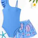 Girls Swimsuit One Piece Swimwear Top with Tropical Print Cover Up Skirt Girls Bathing Suit 7-16 Years (9-10 Years, Blue)
