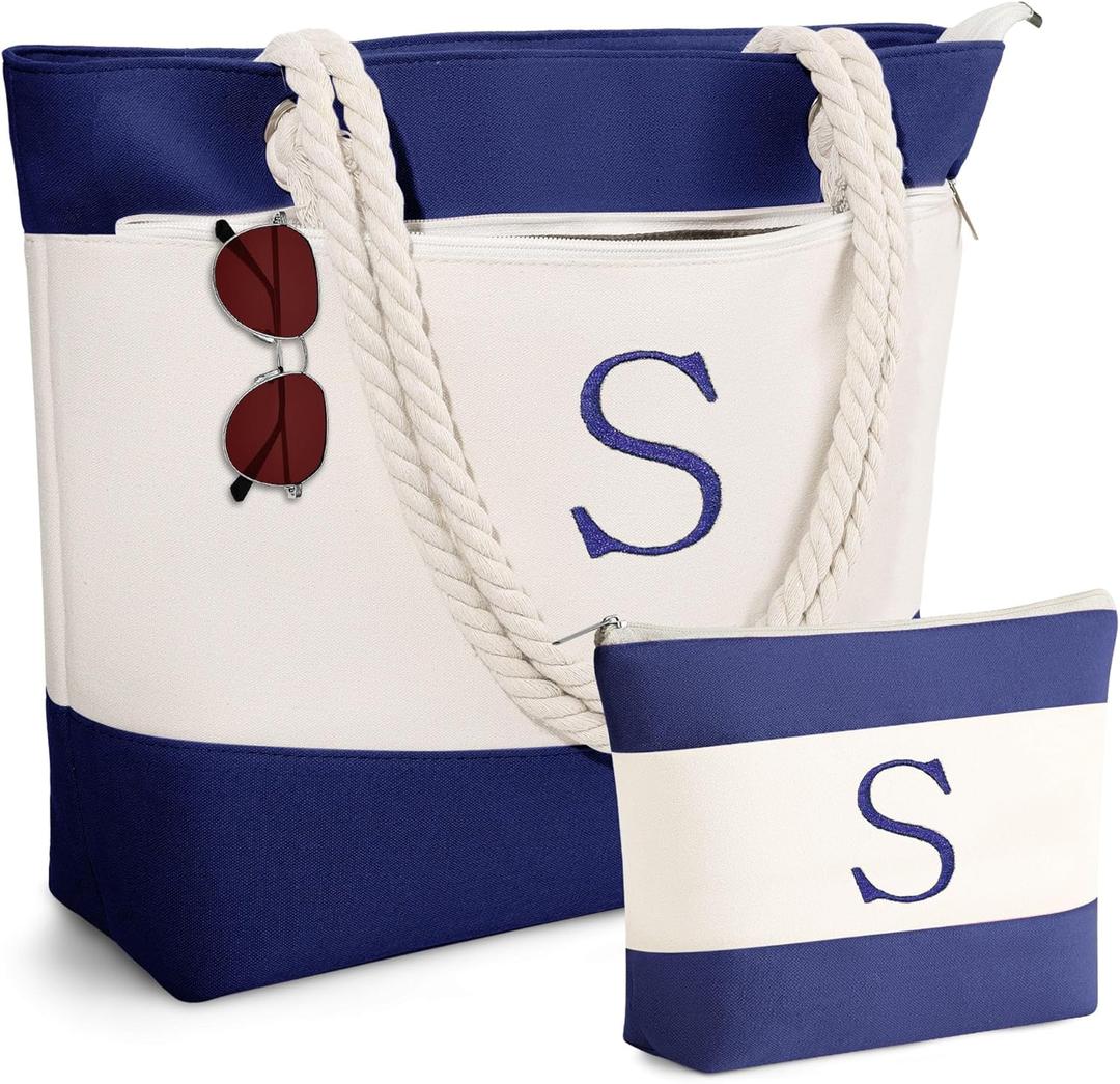 YOOLIFE Beach Bags for Women - Initial Canvas Waterproof Beach Tote Bag, Mothers Day Gifts for Women Mom Wife Friend (Navy Blue)