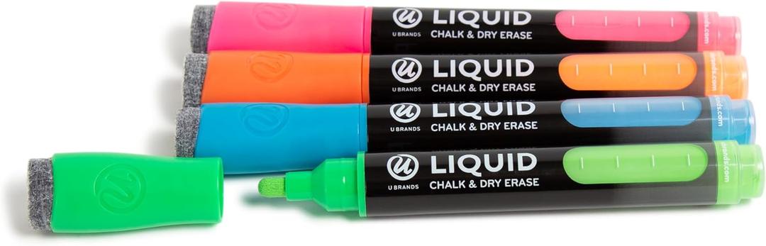 U Brands Liquid Chalk Markers For Blackboard, Chalk Board, and Dry Erase Boards, with Eraser, Assorted Bright Colors, Set of 4 (1 Count (Pack of 1))