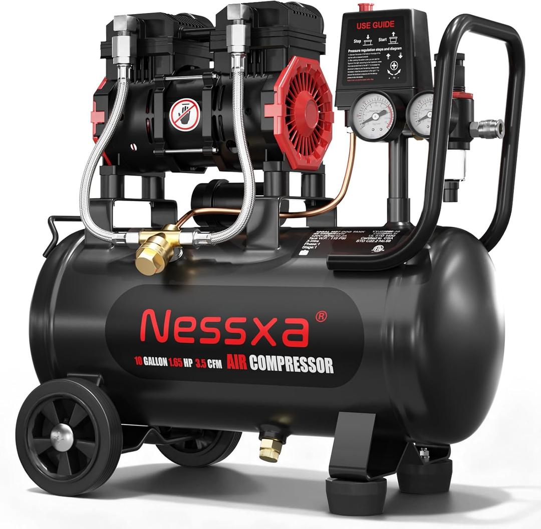 10 Gallon Ultra Quiet Air Compressor, Oil-Free Air Compressor Tank with Two Quick Couplers, 2HP 8.76 CFM@115PSI Pressure 70dB Electric Air Compressor for Woodwork Nailing, Garage, Auto Repair